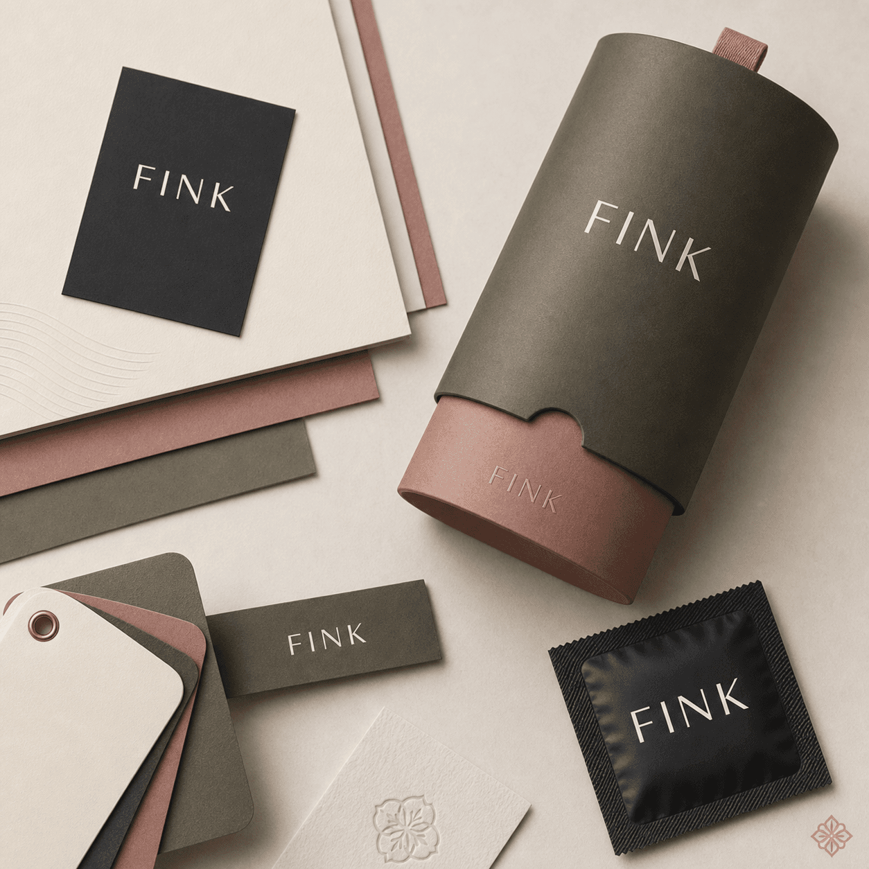Fink packaging material flat lay with matte paper and sachet details