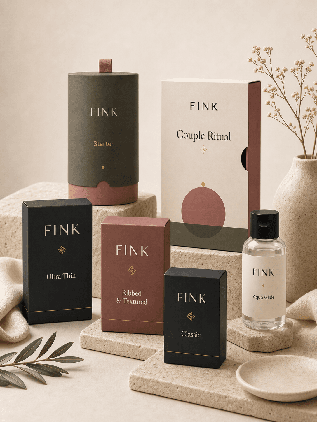 The complete Fink product family arranged in a studio still life