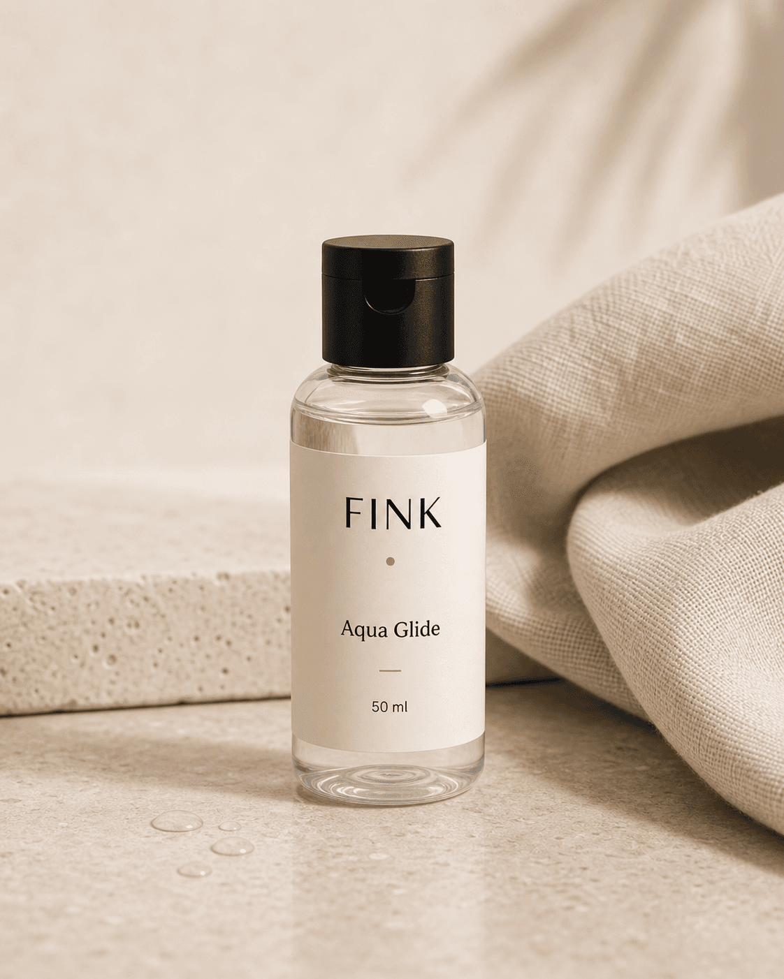 Aqua Glide bottle next to a folded linen napkin