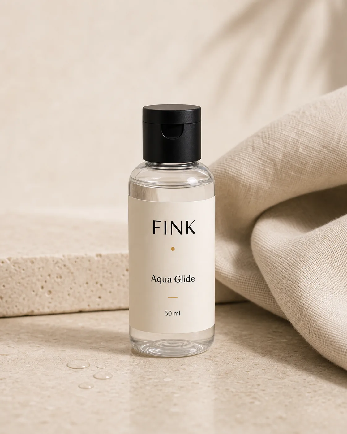 Fink Aqua Glide water-based lubricant bottle on linen