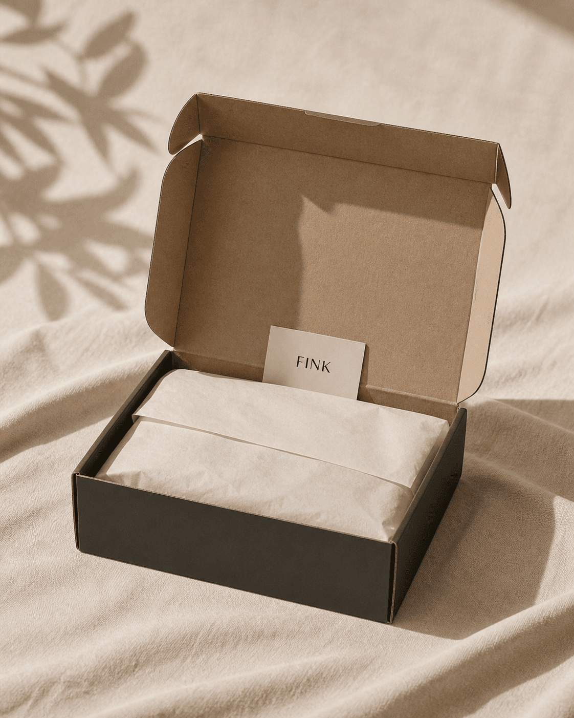 A plain Fink shipping box on a linen surface, no markings