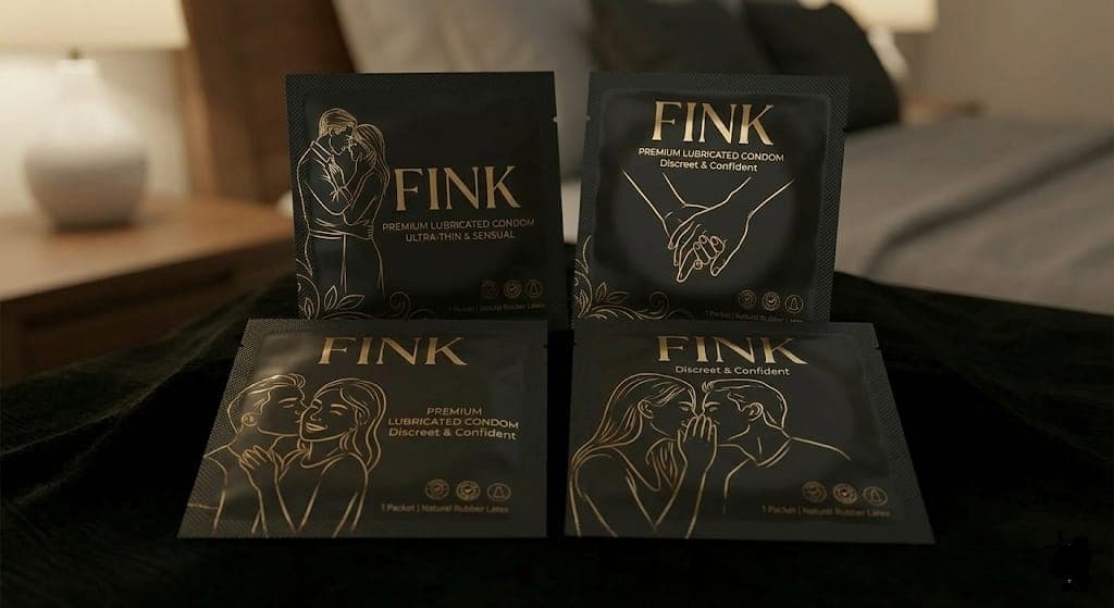 Four Fink premium lubricated condom sachets in black and gold arranged on a dark fabric surface near a bed.