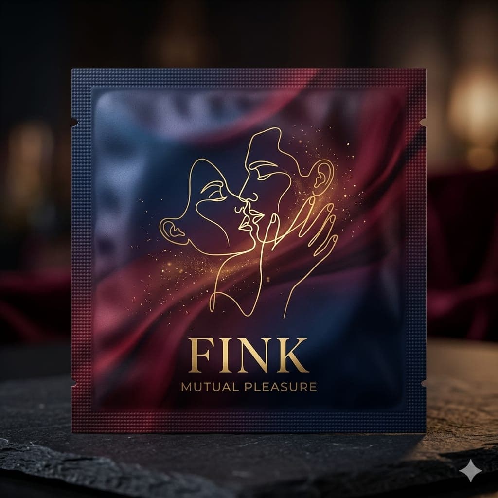 A single Fink Mutual Pleasure sachet on a dark, softly lit surface with blurred warm lights behind it.