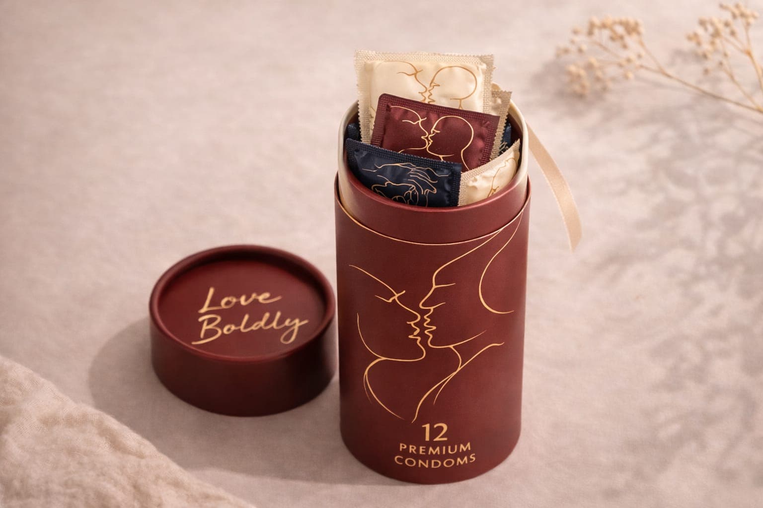 A burgundy Fink 12 Premium Condoms canister holding multiple sachets with a Love Boldly lid beside it.