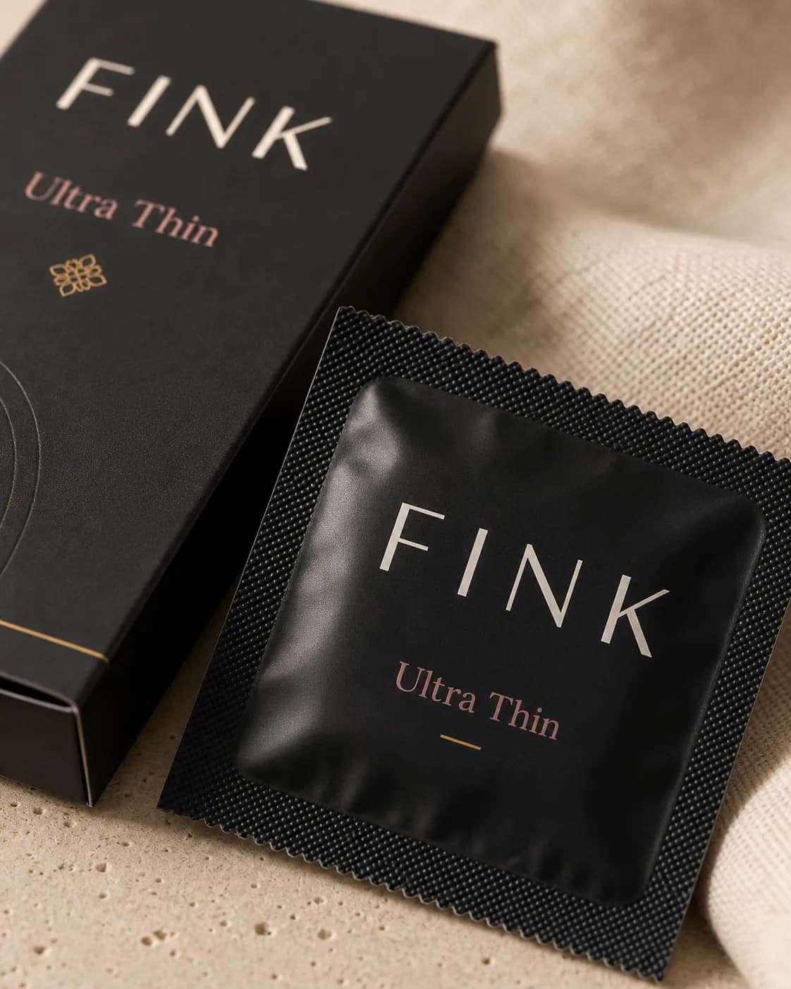 Macro detail of a Fink Ultra Thin condom sachet edge